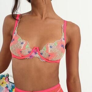 For Love & Lemons Shimmer Zinnia 38C Underwire Bra Neon Coral Pink NWT